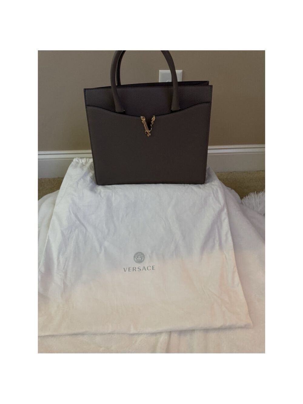 Versace Virtus Grainy Calf Leather Grey Large Top Handle Bag NWT $ 2100 Retail - Picture 1 of 10